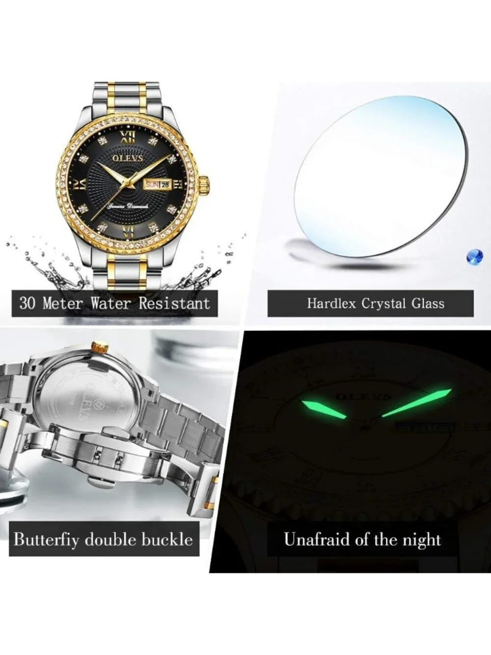 Men's Silver Black Diamond Stainless Waterproof Luminous Analog Luxury Watch